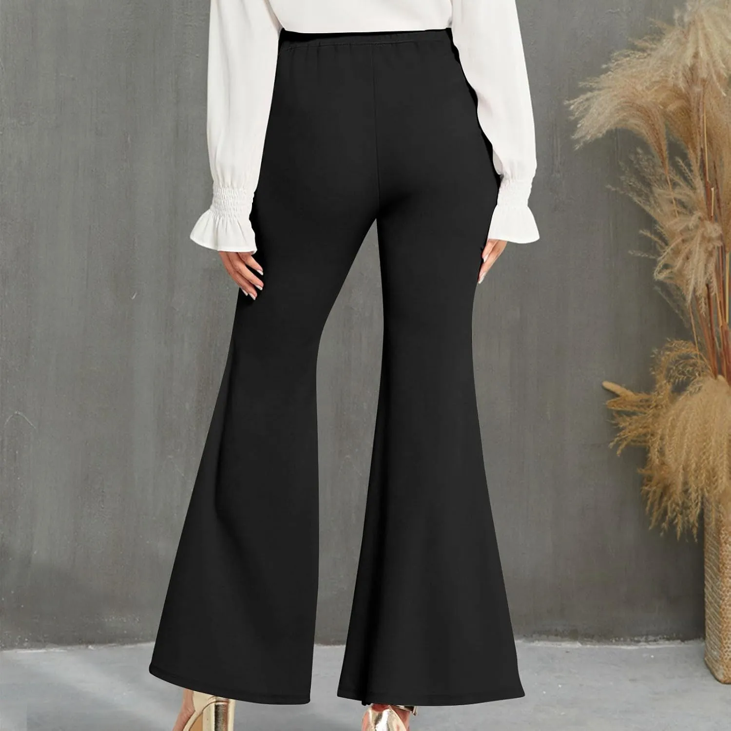 Womens Classy High Waist Double Breasted Flared Sailor Trousers Pants with Hide Zipper Tummy Button Wide Leg Pant