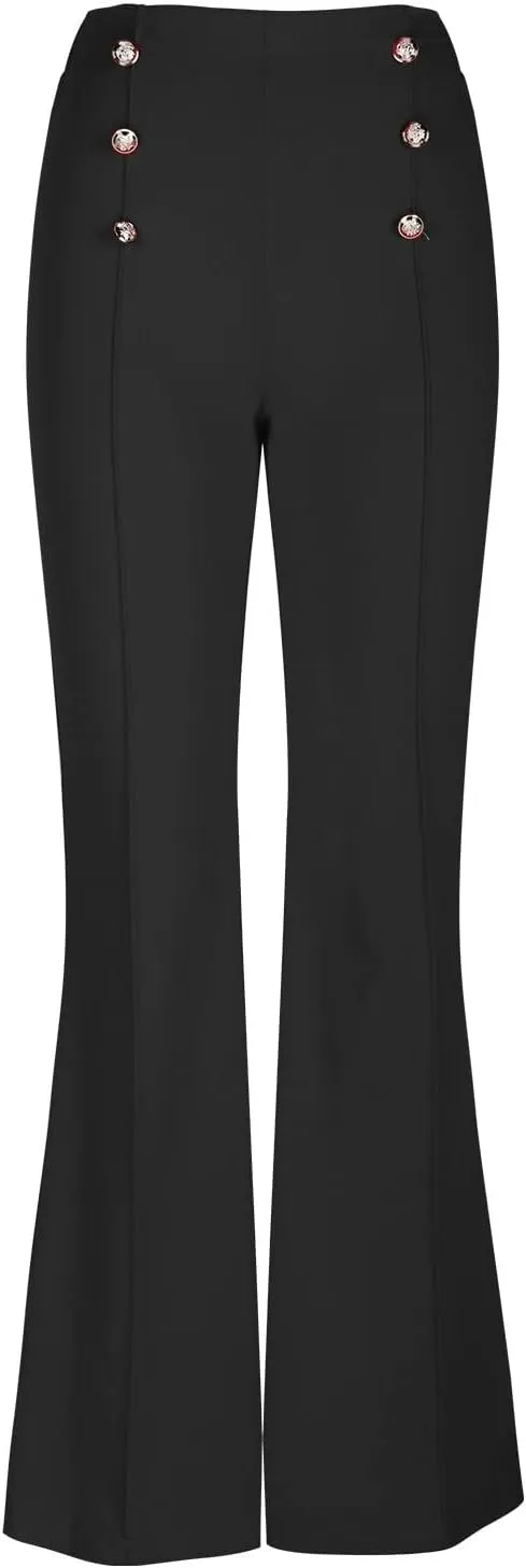 Womens Classy High Waist Double Breasted Flared Sailor Trousers Pants with Hide Zipper Tummy Button Wide Leg Pant