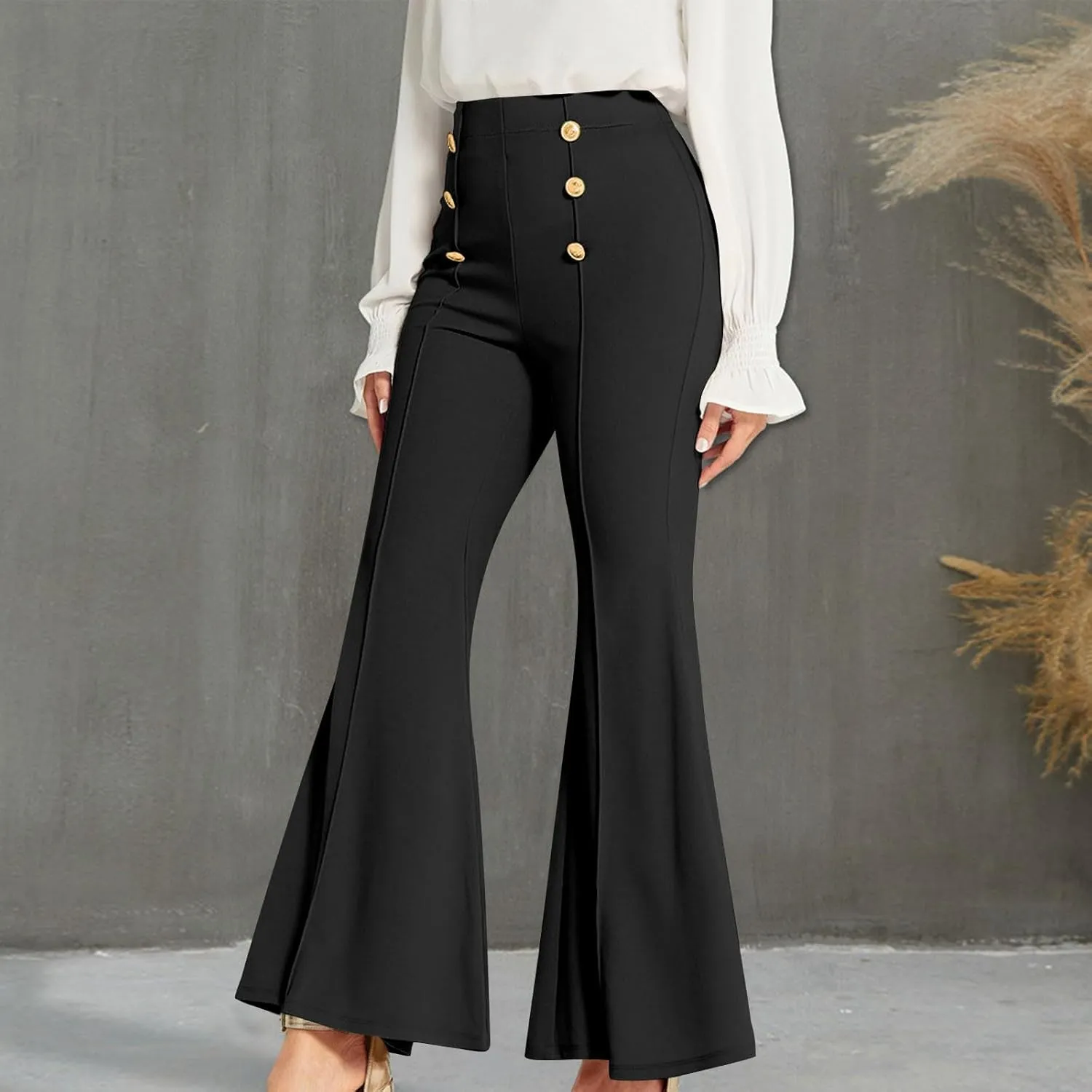 Womens Classy High Waist Double Breasted Flared Sailor Trousers Pants with Hide Zipper Tummy Button Wide Leg Pant