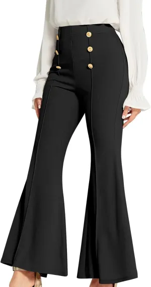 Womens Classy High Waist Double Breasted Flared Sailor Trousers Pants with Hide Zipper Tummy Button Wide Leg Pant