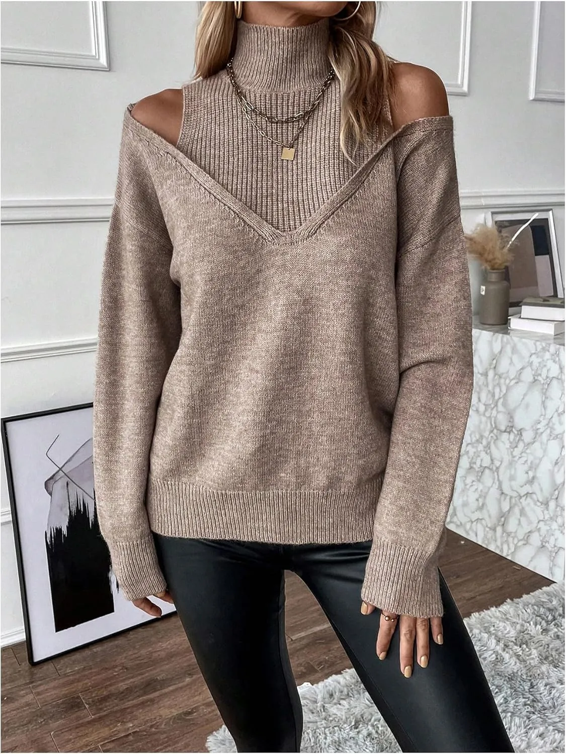 Women's Cold Shoulder Sweater Sexy Turtlneck Cut Out Pullover Sweater Casual Long Sleeve High Neck 2 in 1 Tops