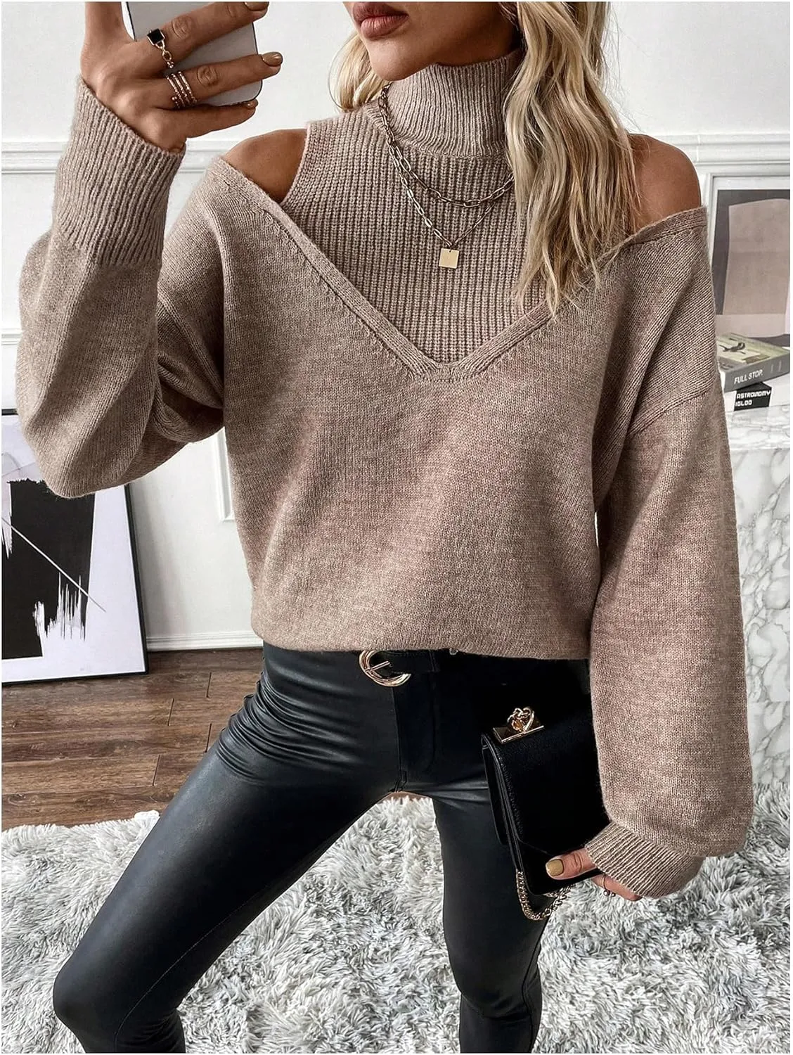 Women's Cold Shoulder Sweater Sexy Turtlneck Cut Out Pullover Sweater Casual Long Sleeve High Neck 2 in 1 Tops