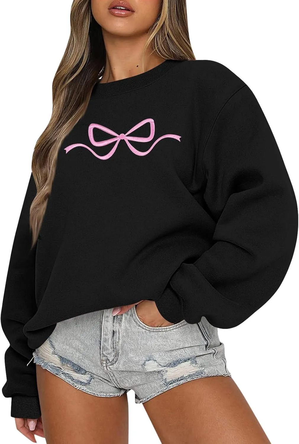 Womens Coquette Bow Sweatshirt - Embroidered Pink Bow Crewneck Pullover, Fall Clean Girl Style