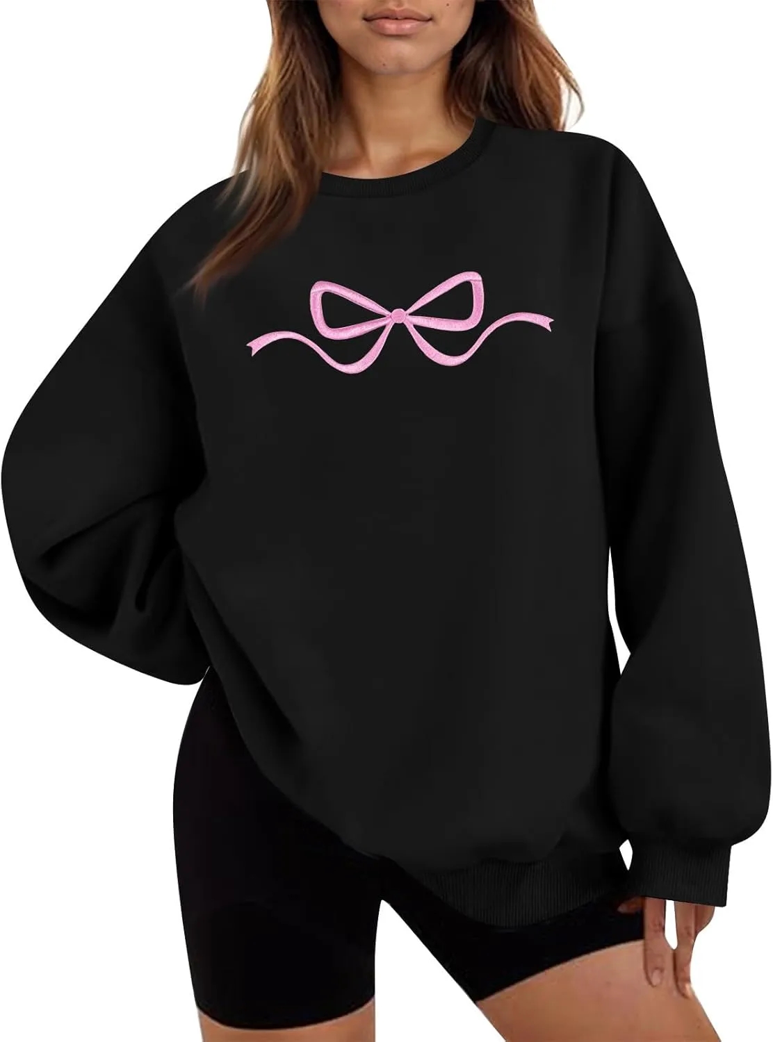 Womens Coquette Bow Sweatshirt - Embroidered Pink Bow Crewneck Pullover, Fall Clean Girl Style
