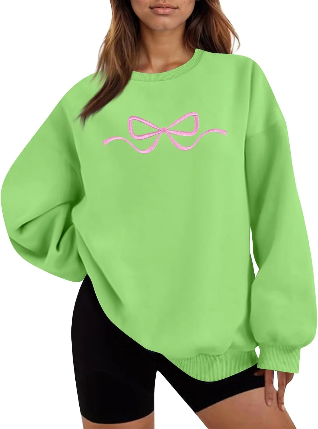 Womens Coquette Bow Sweatshirt - Embroidered Pink Bow Crewneck Pullover, Fall Clean Girl Style