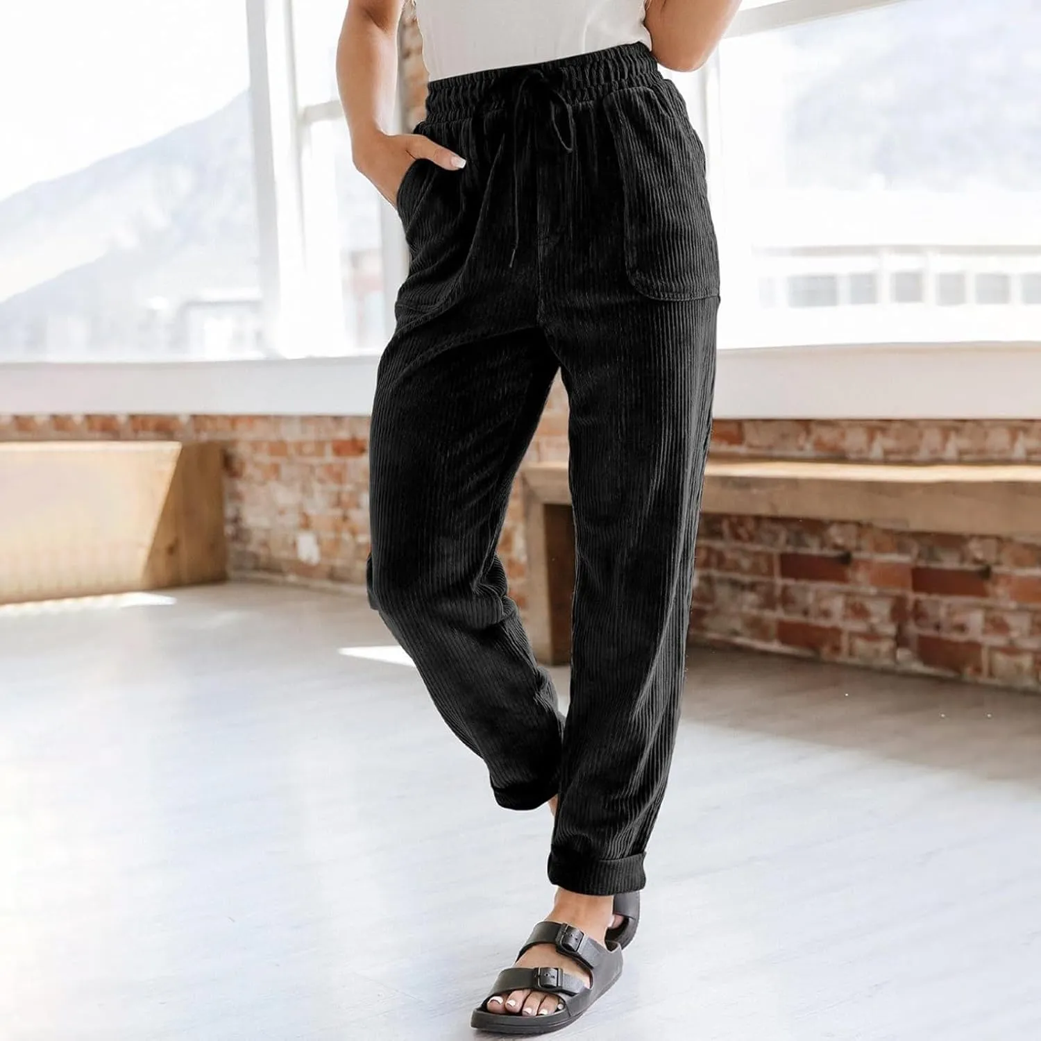 Womens Corduroy Cuffed Pants 2025 Trendy High Waisted Straight Leg Drawstring Trousers Work Office Dress Casual Pants