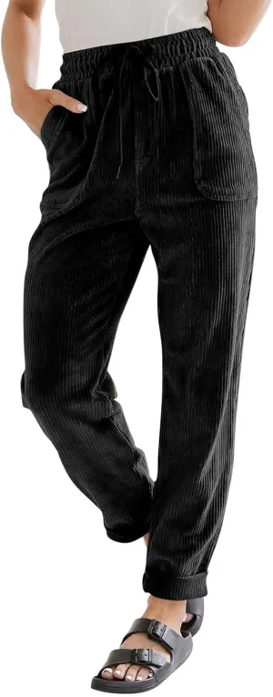 Womens Corduroy Cuffed Pants 2025 Trendy High Waisted Straight Leg Drawstring Trousers Work Office Dress Casual Pants