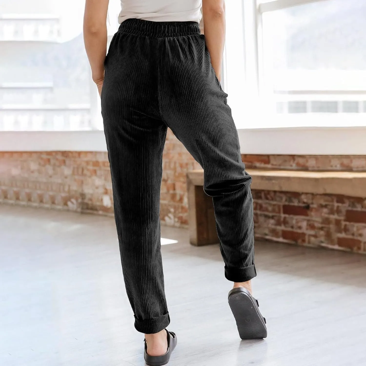 Womens Corduroy Cuffed Pants 2025 Trendy High Waisted Straight Leg Drawstring Trousers Work Office Dress Casual Pants