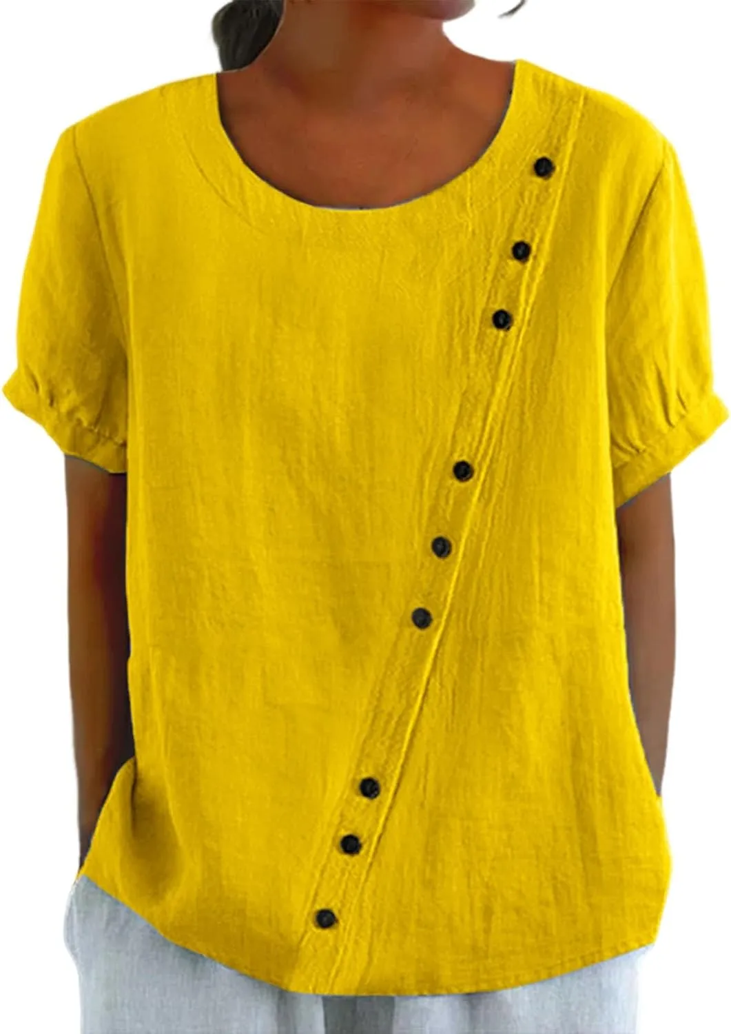 Women's Cotton Linen Boho Shirts Floral Summer Short Sleeve Top Lapel Button Neck Dressy Casual Loose Comfy Blouses