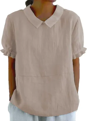 Women's Cotton Linen Boho Shirts Floral Summer Short Sleeve Top Lapel Button Neck Dressy Casual Loose Comfy Blouses