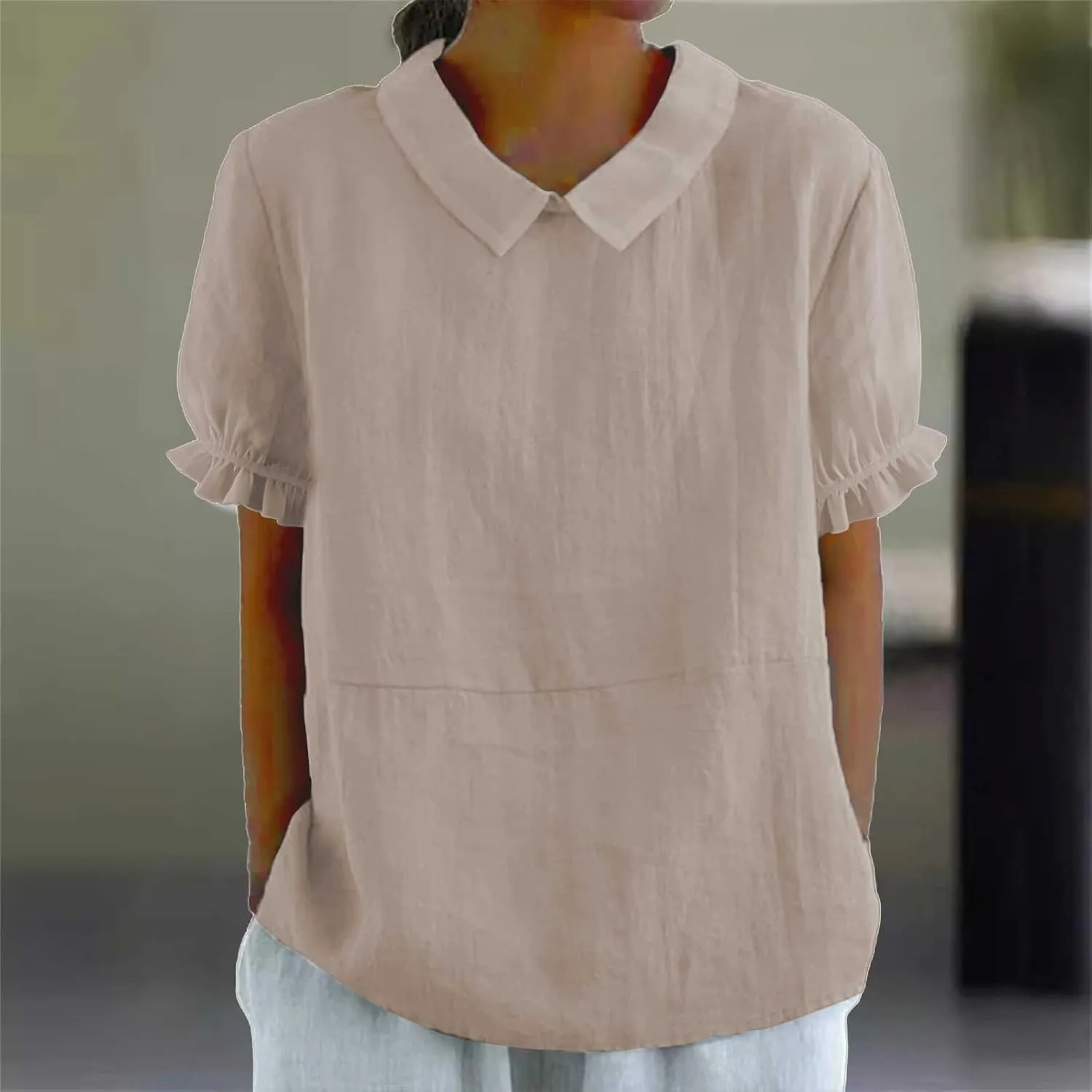Women's Cotton Linen Boho Shirts Floral Summer Short Sleeve Top Lapel Button Neck Dressy Casual Loose Comfy Blouses