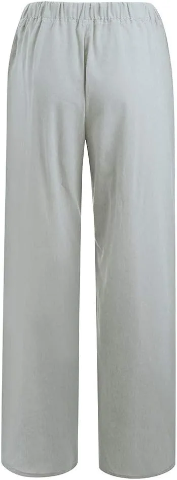 Women's Cotton Linen Pants Summer Elastic Waist Palazzo Pants with Drawstring Flowy Wide Leg Beach Trousers with Pockets