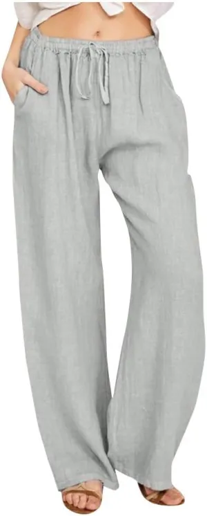 Women's Cotton Linen Pants Summer Elastic Waist Palazzo Pants with Drawstring Flowy Wide Leg Beach Trousers with Pockets