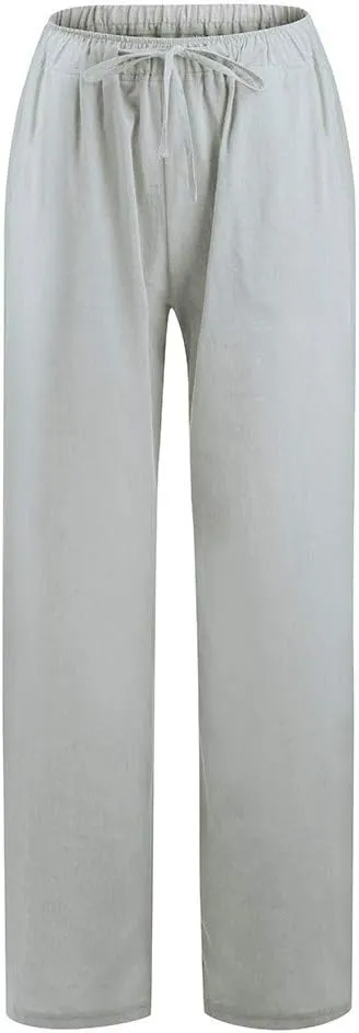 Women's Cotton Linen Pants Summer Elastic Waist Palazzo Pants with Drawstring Flowy Wide Leg Beach Trousers with Pockets