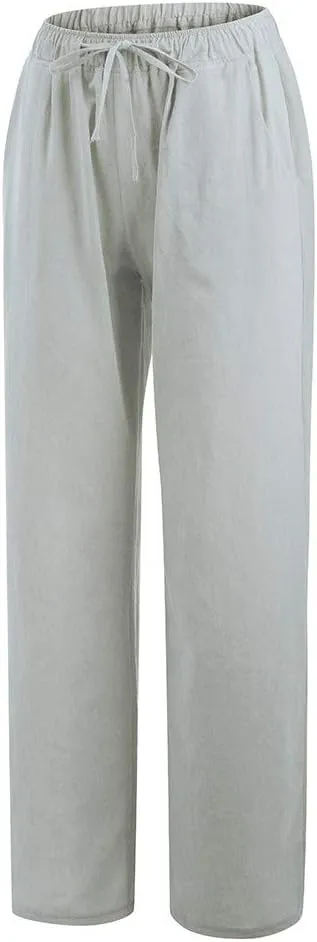 Women's Cotton Linen Pants Summer Elastic Waist Palazzo Pants with Drawstring Flowy Wide Leg Beach Trousers with Pockets