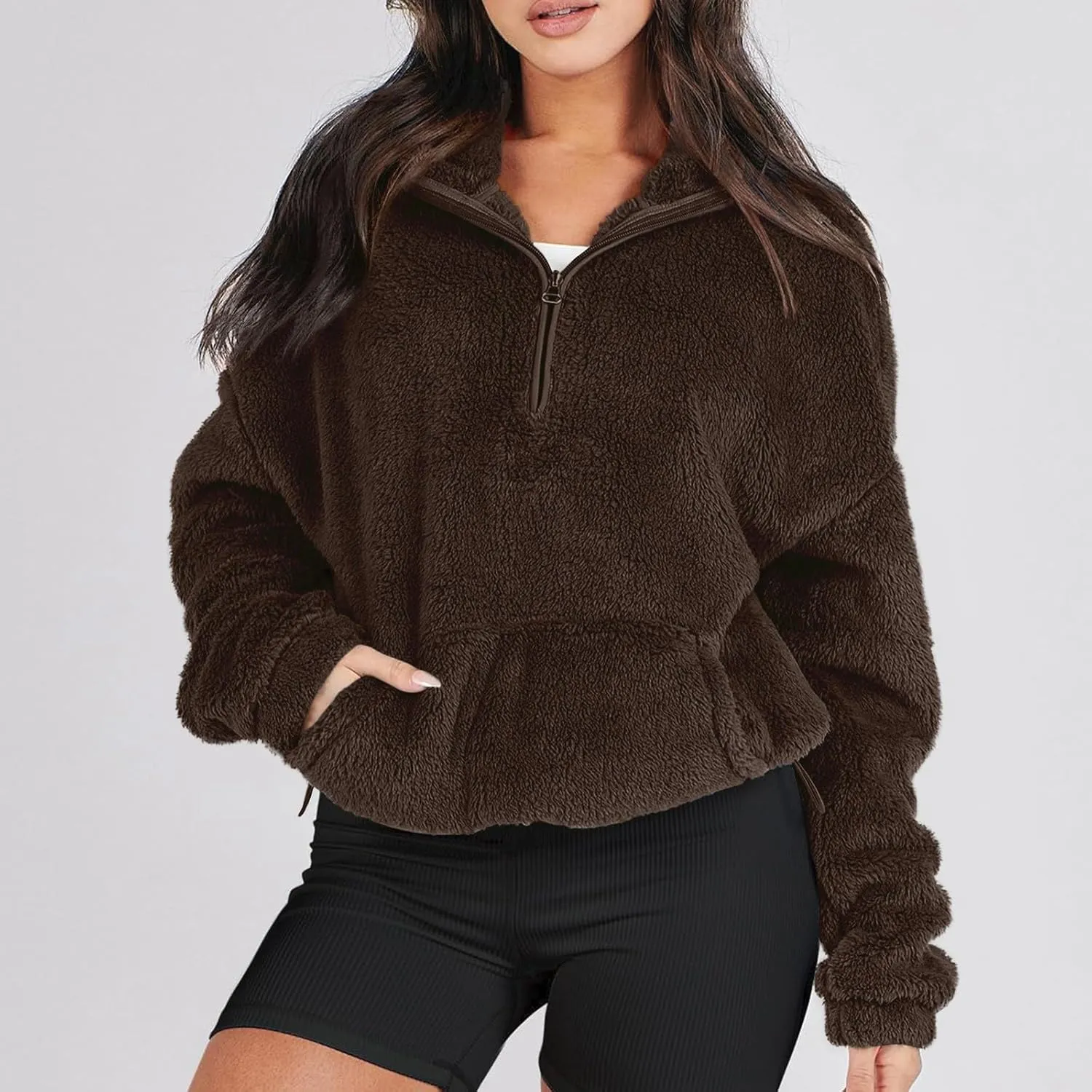 Womens Cropped Half Zip Pullover Cozy Warm Sherpa Fleece Sweatshirt No Hood 1/4 Zip Sweater with Pockets