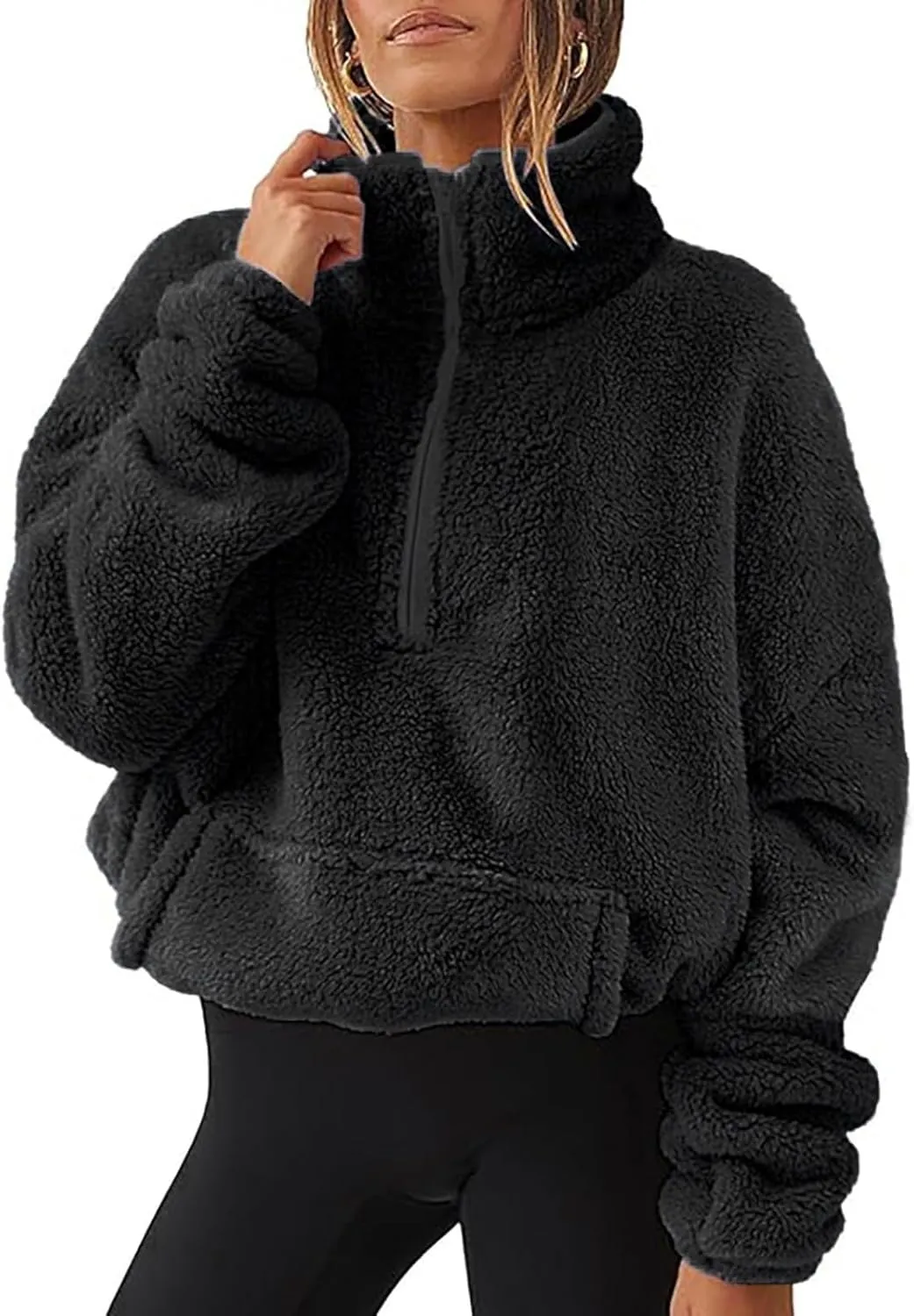 Womens Cropped Half Zip Pullover Cozy Warm Sherpa Fleece Sweatshirt No Hood 1/4 Zip Sweater with Pockets