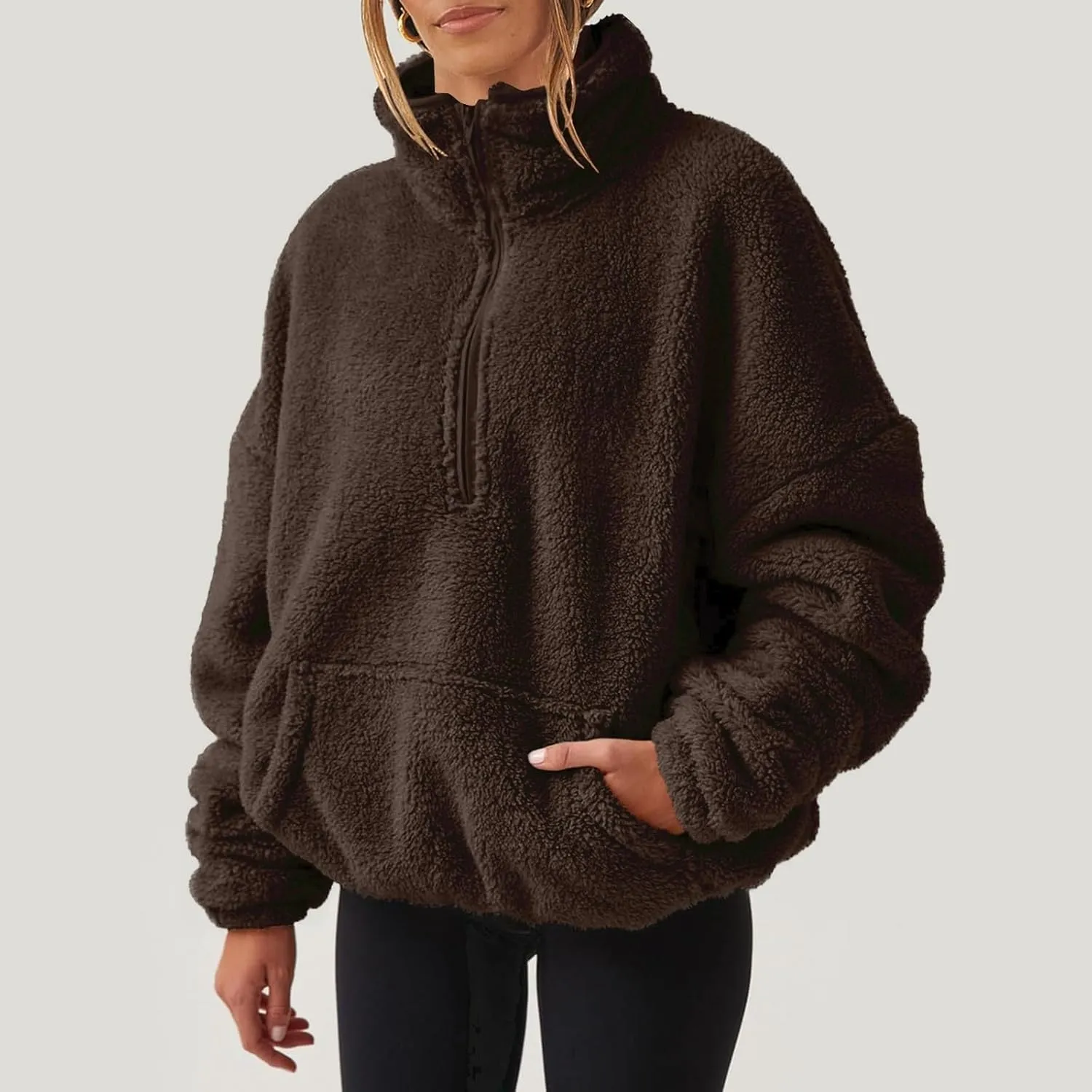 Womens Cropped Half Zip Pullover Cozy Warm Sherpa Fleece Sweatshirt No Hood 1/4 Zip Sweater with Pockets