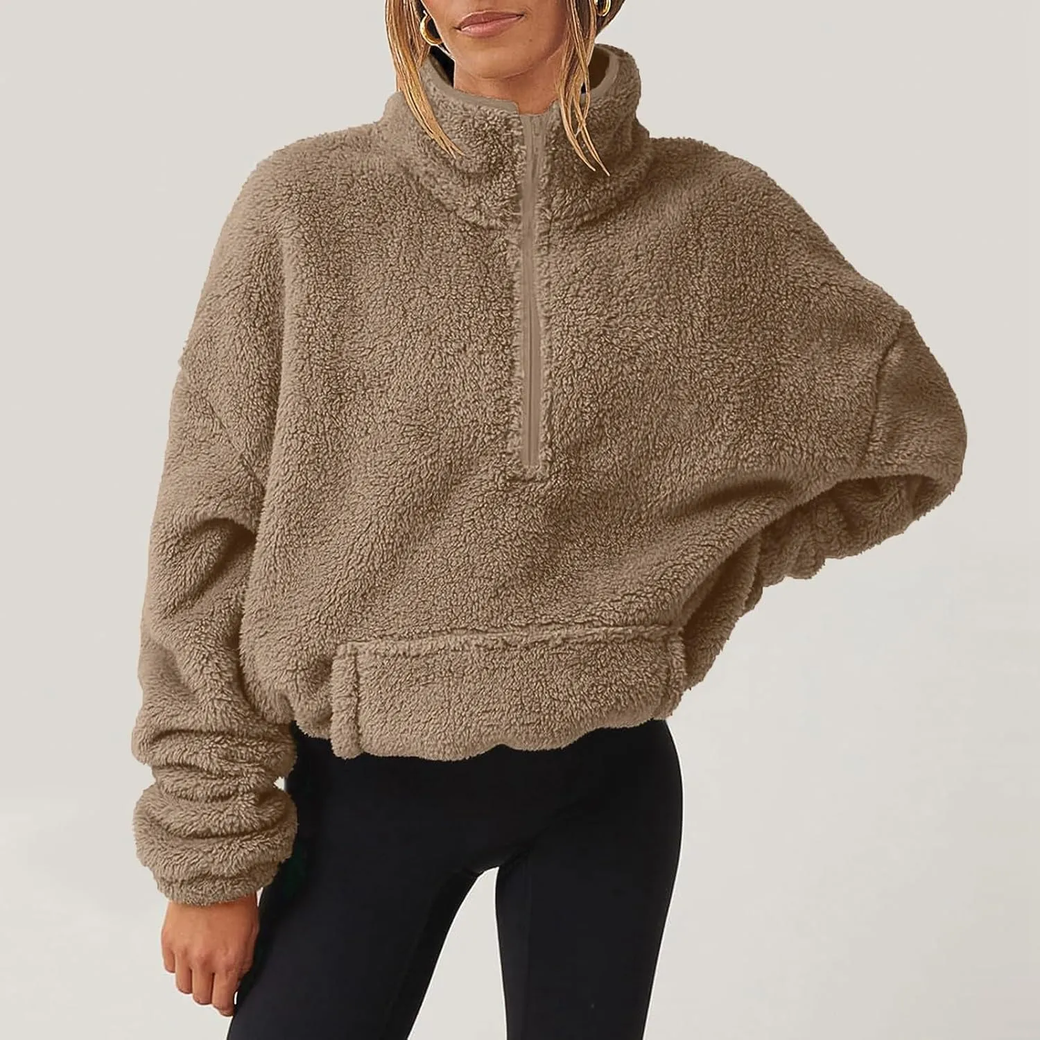 Womens Cropped Half Zip Pullover Cozy Warm Sherpa Fleece Sweatshirt No Hood 1/4 Zip Sweater with Pockets