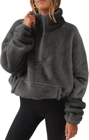 Womens Cropped Half Zip Pullover Cozy Warm Sherpa Fleece Sweatshirt No Hood 1/4 Zip Sweater with Pockets