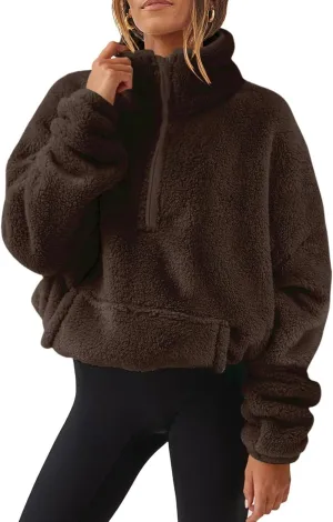 Womens Cropped Half Zip Pullover Cozy Warm Sherpa Fleece Sweatshirt No Hood 1/4 Zip Sweater with Pockets