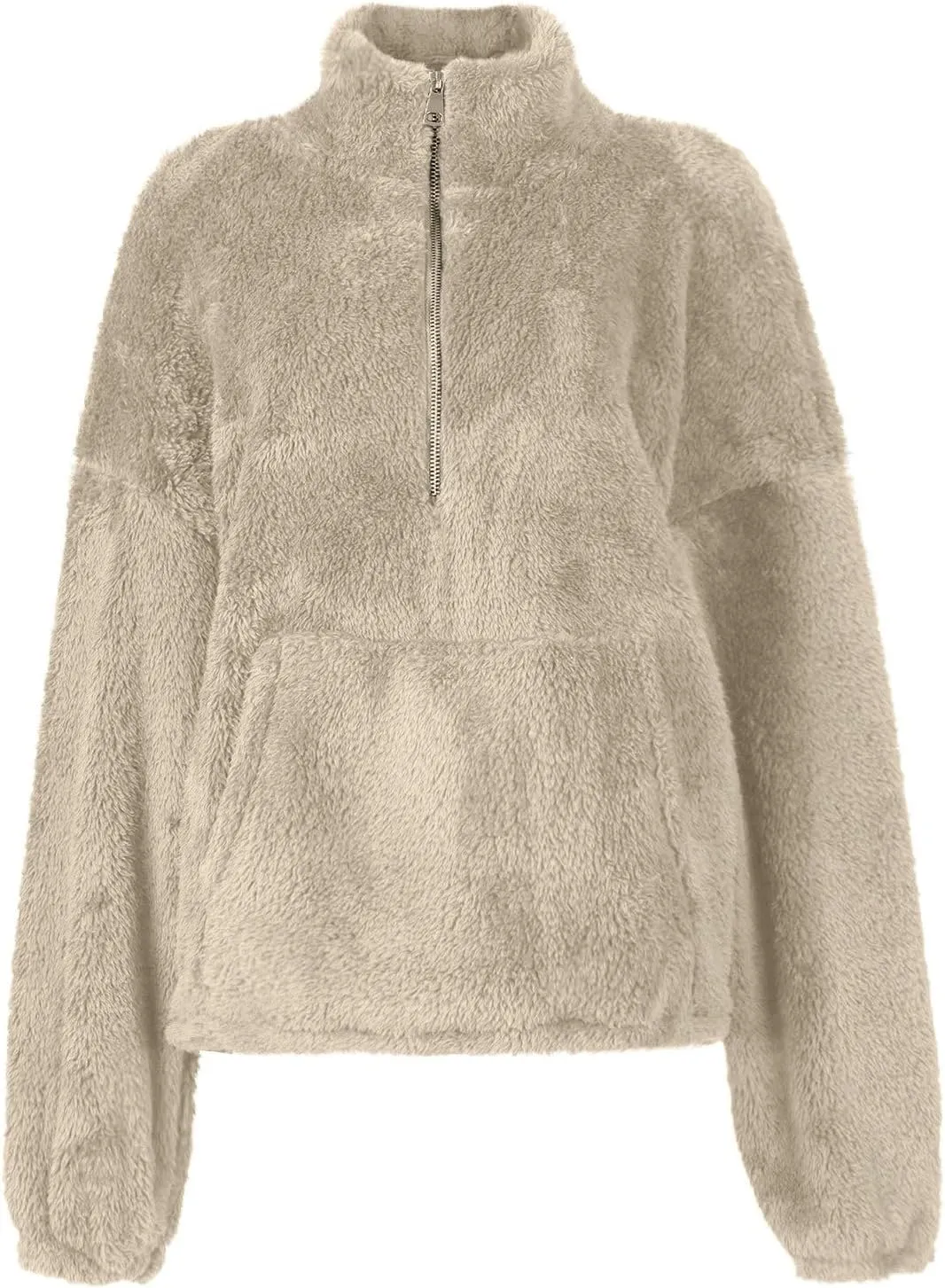 Womens Cropped Half Zip Pullover Cozy Warm Sherpa Fleece Sweatshirt No Hood 1/4 Zip Sweater with Pockets