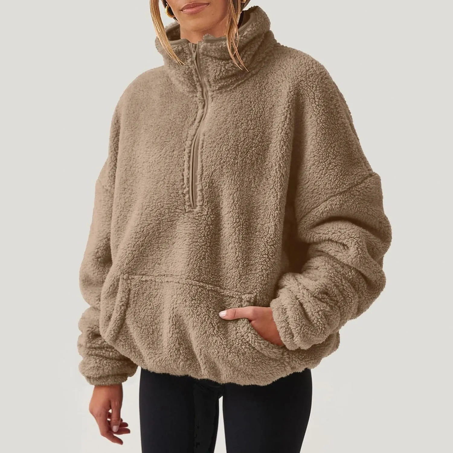 Womens Cropped Half Zip Pullover Cozy Warm Sherpa Fleece Sweatshirt No Hood 1/4 Zip Sweater with Pockets
