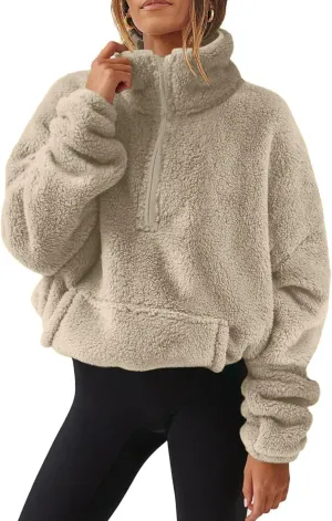 Womens Cropped Half Zip Pullover Cozy Warm Sherpa Fleece Sweatshirt No Hood 1/4 Zip Sweater with Pockets