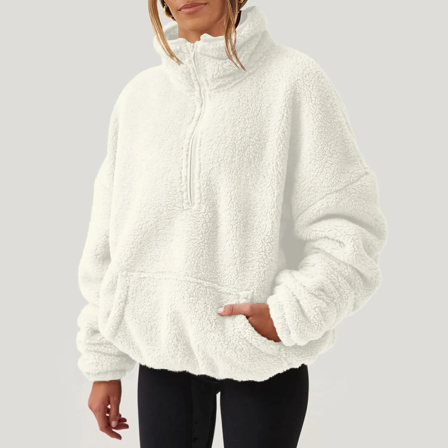 Womens Cropped Half Zip Pullover Cozy Warm Sherpa Fleece Sweatshirt No Hood 1/4 Zip Sweater with Pockets