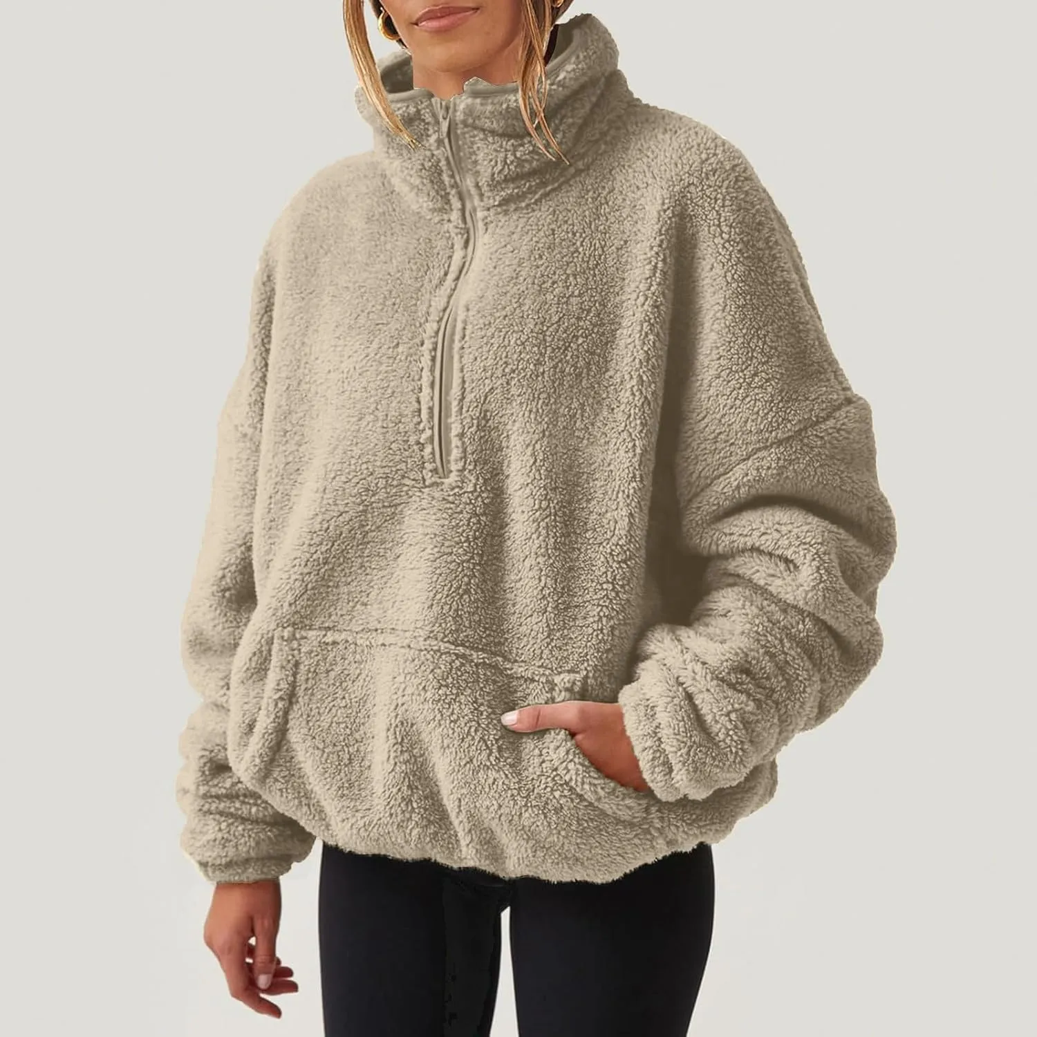 Womens Cropped Half Zip Pullover Cozy Warm Sherpa Fleece Sweatshirt No Hood 1/4 Zip Sweater with Pockets