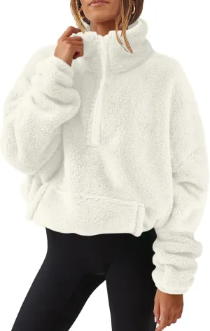 Womens Cropped Half Zip Pullover Cozy Warm Sherpa Fleece Sweatshirt No Hood 1/4 Zip Sweater with Pockets