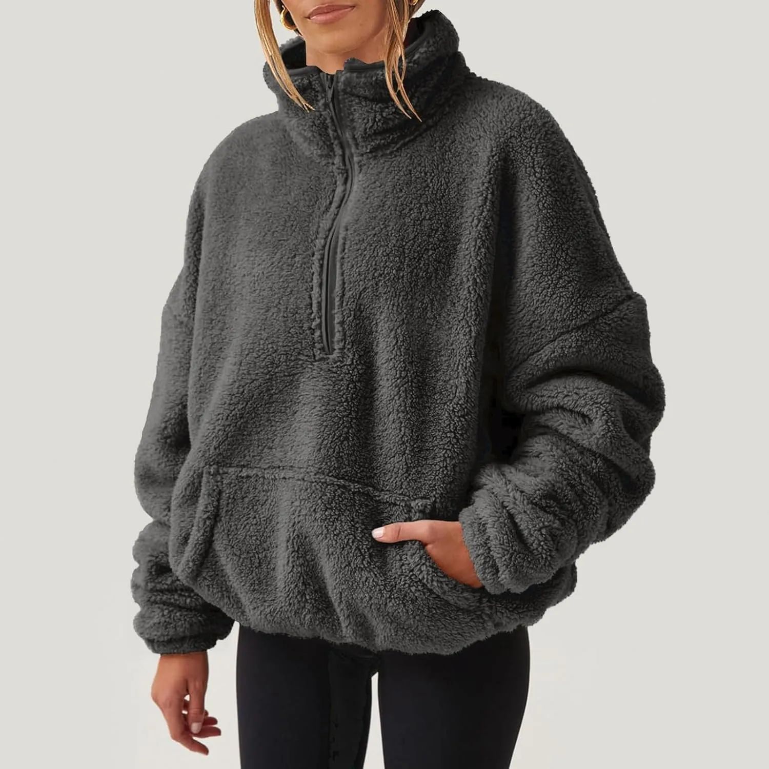 Womens Cropped Half Zip Pullover Cozy Warm Sherpa Fleece Sweatshirt No Hood 1/4 Zip Sweater with Pockets