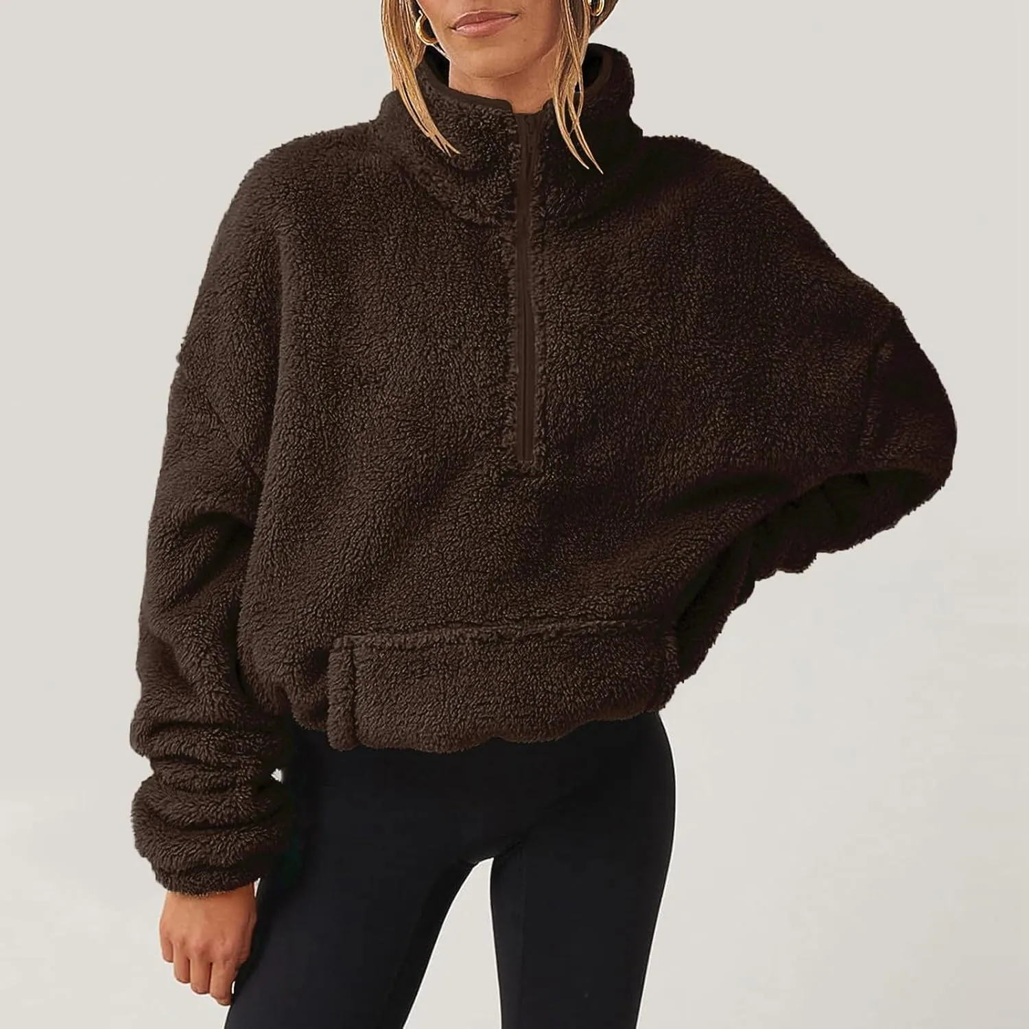 Womens Cropped Half Zip Pullover Cozy Warm Sherpa Fleece Sweatshirt No Hood 1/4 Zip Sweater with Pockets
