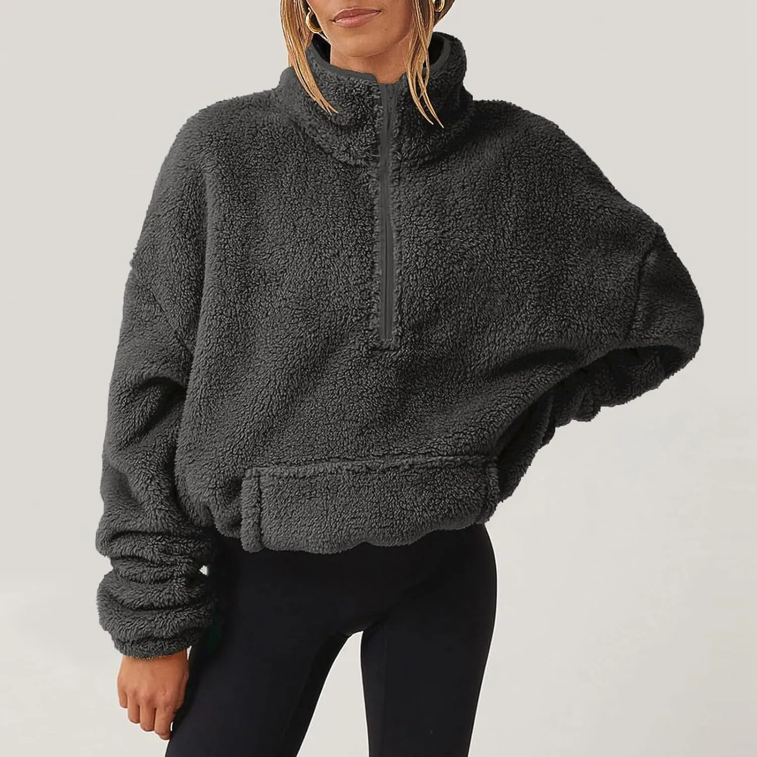 Womens Cropped Half Zip Pullover Cozy Warm Sherpa Fleece Sweatshirt No Hood 1/4 Zip Sweater with Pockets