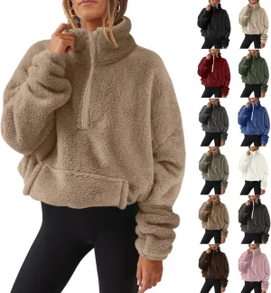 Womens Cropped Half Zip Pullover Cozy Warm Sherpa Fleece Sweatshirt No Hood 1/4 Zip Sweater with Pockets