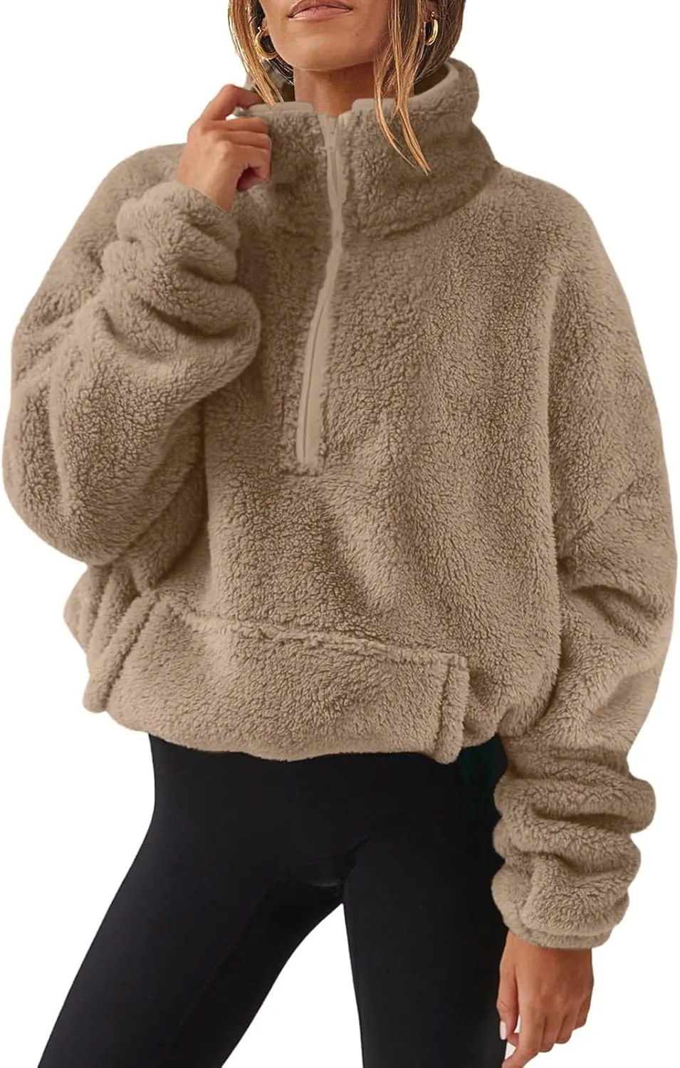 Womens Cropped Half Zip Pullover Cozy Warm Sherpa Fleece Sweatshirt No Hood 1/4 Zip Sweater with Pockets