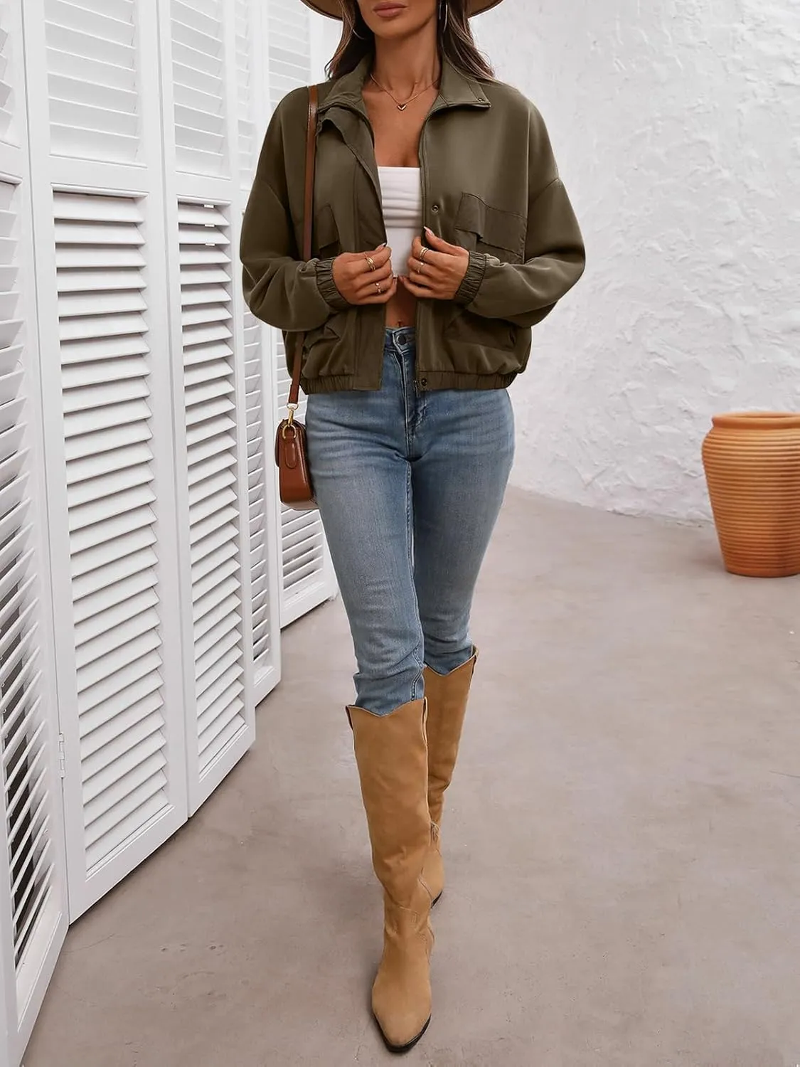 Women's Cropped Oversized Safari Jackets Zip Up Stand Collar Neck Long Sleeve Utility Anorak jacket with Pocket