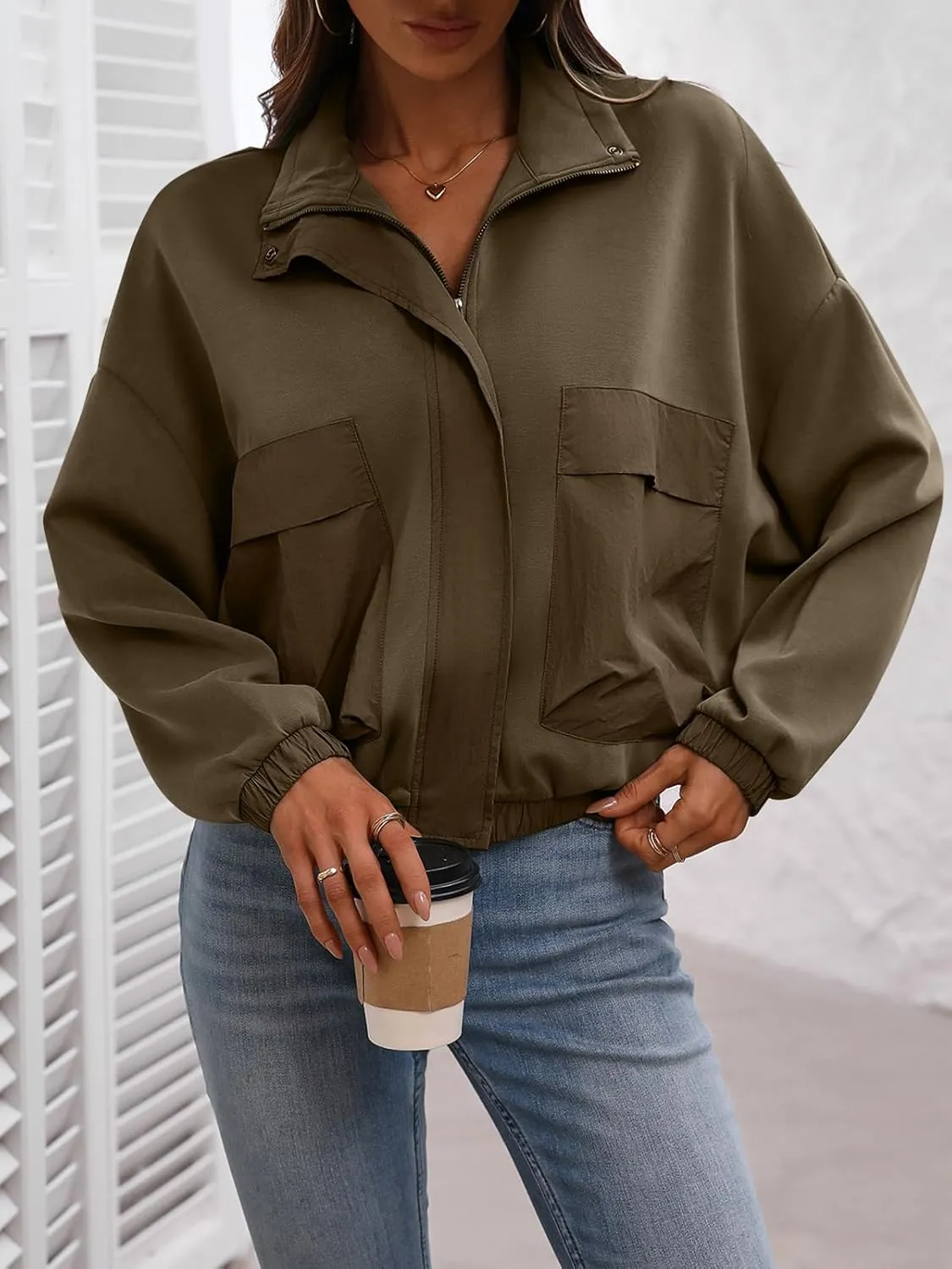 Women's Cropped Oversized Safari Jackets Zip Up Stand Collar Neck Long Sleeve Utility Anorak jacket with Pocket