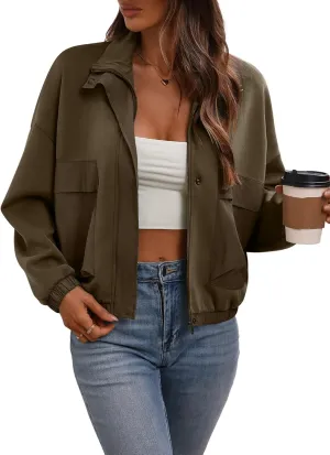 Women's Cropped Oversized Safari Jackets Zip Up Stand Collar Neck Long Sleeve Utility Anorak jacket with Pocket