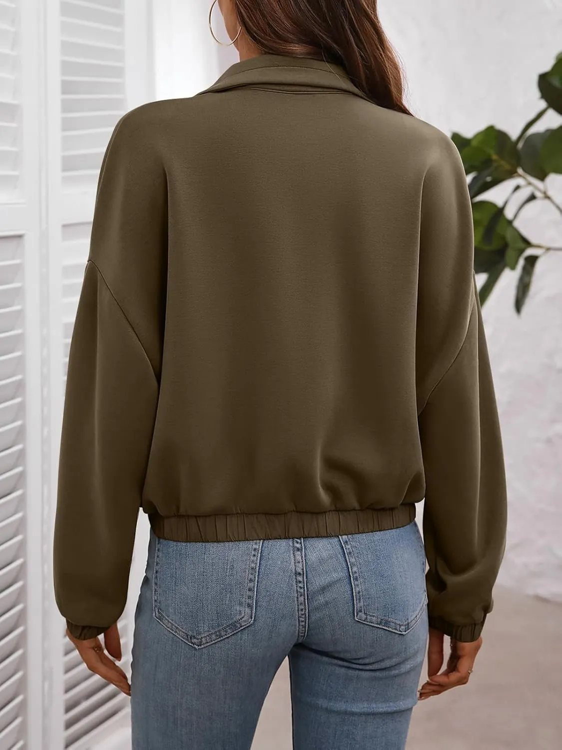 Women's Cropped Oversized Safari Jackets Zip Up Stand Collar Neck Long Sleeve Utility Anorak jacket with Pocket