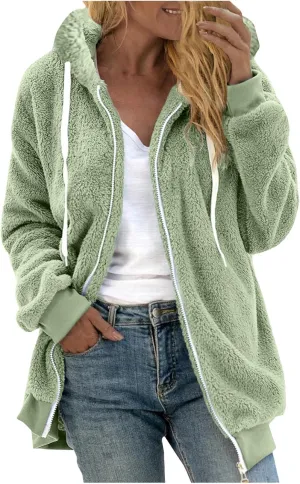 Womens Fuzzy Sherpa Pullover Hoodie Hooded Zip Up Sherpa Jacket Oversized Fleece Hoodies Soft Cozy Winter Coats