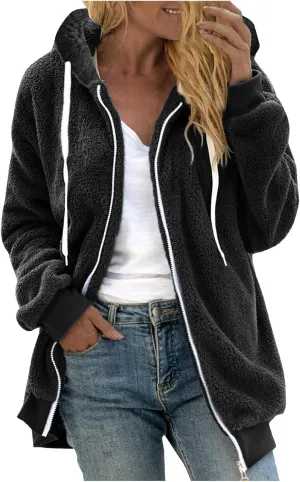 Womens Fuzzy Sherpa Pullover Hoodie Hooded Zip Up Sherpa Jacket Oversized Fleece Hoodies Soft Cozy Winter Coats