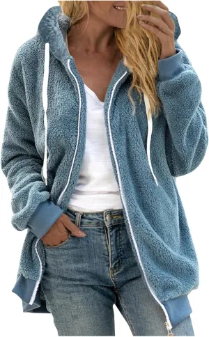 Womens Fuzzy Sherpa Pullover Hoodie Hooded Zip Up Sherpa Jacket Oversized Fleece Hoodies Soft Cozy Winter Coats