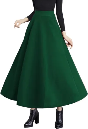Women's High Elastic Waist Maxi Wool Skirt A-line Plaid Winter Warm Flare Long Skirt
