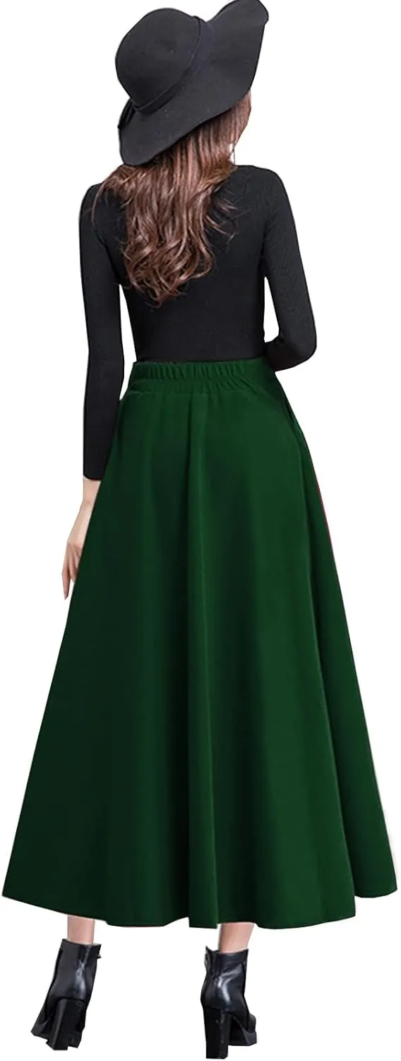 Women's High Elastic Waist Maxi Wool Skirt A-line Plaid Winter Warm Flare Long Skirt