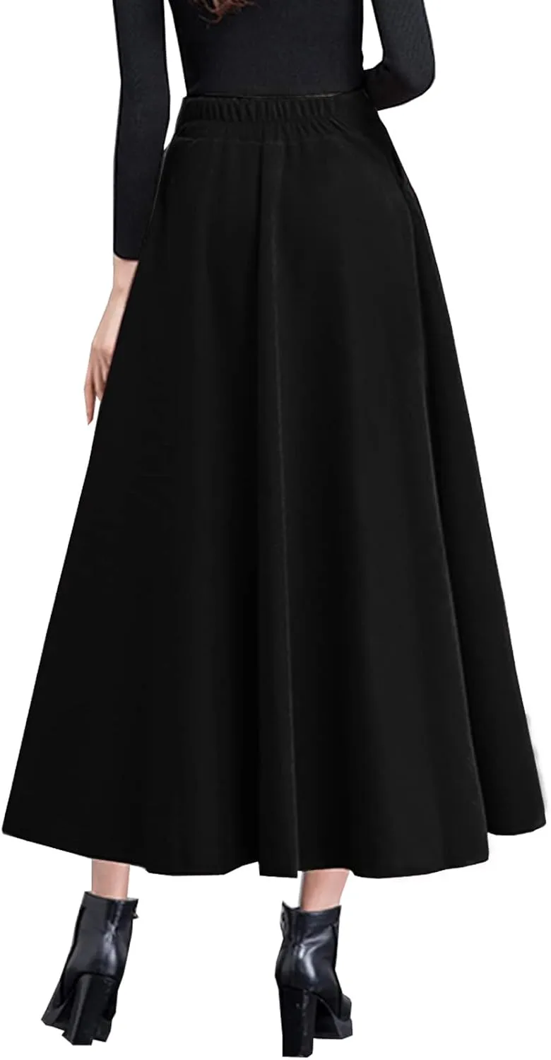 Women's High Elastic Waist Maxi Wool Skirt A-line Plaid Winter Warm Flare Long Skirt
