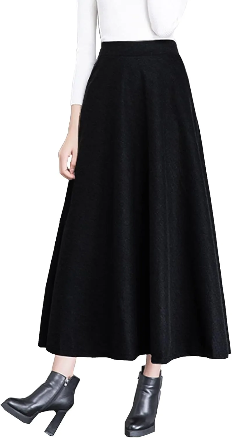 Women's High Elastic Waist Maxi Wool Skirt A-line Plaid Winter Warm Flare Long Skirt