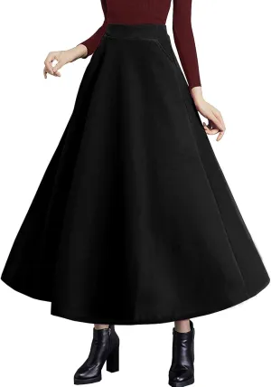 Women's High Elastic Waist Maxi Wool Skirt A-line Plaid Winter Warm Flare Long Skirt