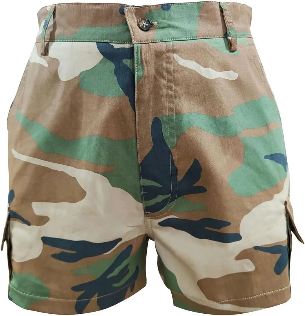 Women's High Waisted Camo Shorts Casual Trendy Denim Short Pants Summer Camouflage Shorts with Pockets