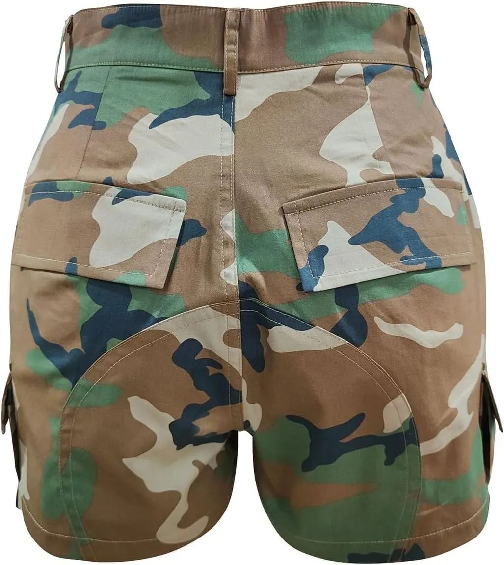 Women's High Waisted Camo Shorts Casual Trendy Denim Short Pants Summer Camouflage Shorts with Pockets